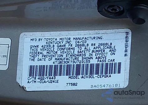 2003 Toyota Camry Xle из США, поврежденный, VIN 4T1BE30K73U723155